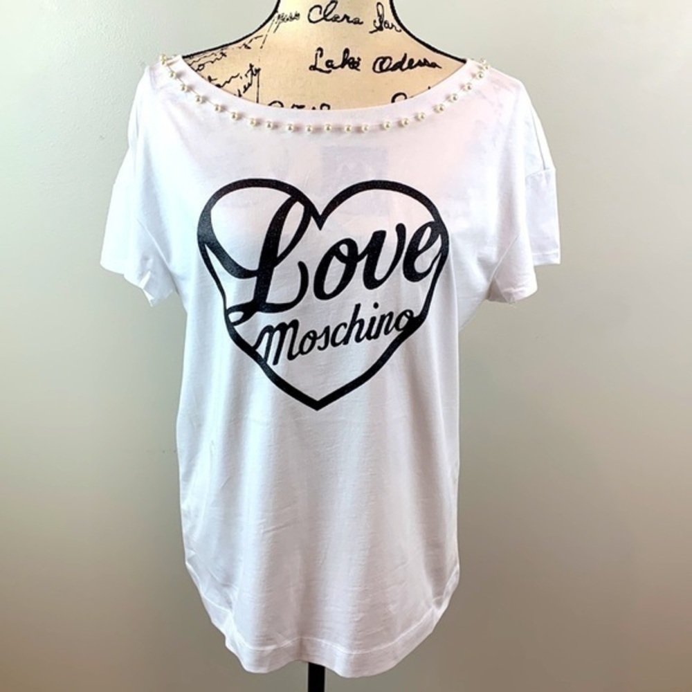 Authentic Love Moschino Faux Pearl Embellished Glittered Tee NWT - Picture 12 of 14